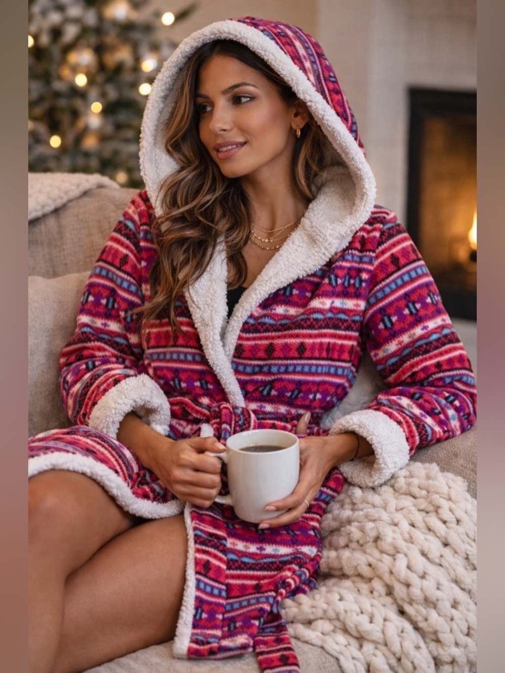 Cozy Holiday Hooded Fleece Robe Sherpa Lined Plush Lounge Wrap | Pink Belted 2X